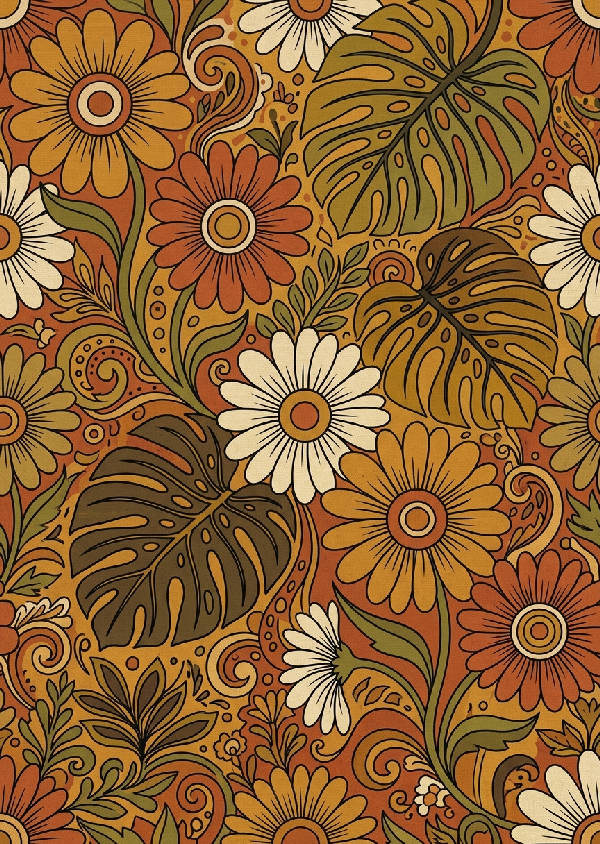 Stående retro affisch med ett botaniskt mönster från 1970-talet i mustiga orangea och jordnära nyanser.