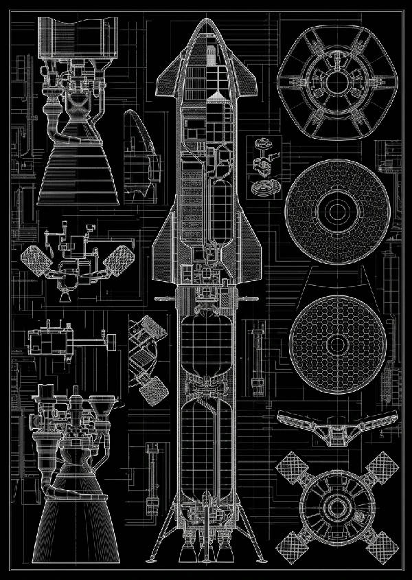 Detaljerad svartvit schematisk ritning av SpaceX Starship-raketen i porträttformat.