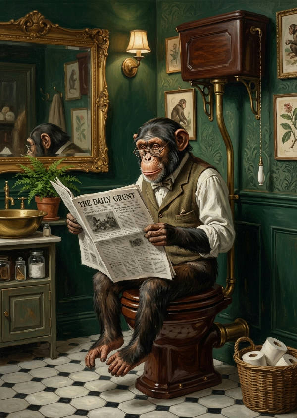 En rolig bild av en apa som sitter på en toalett och läser en tidning. Ljust, vitt badrum som bakgrund, med fokus på apans uttryck.