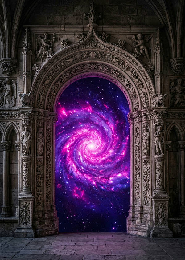 Vertikal poster som visar en neonrosa galax innesluten i en utsmyckad renässansbåge av sten. Galaxen glöder med lila och rosa nyanser mot en mörk bakgrund. Små stjärnor är synliga.