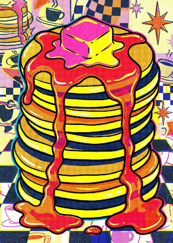 Livfullt risograftryck av ett torn av glansiga pannkakor med smält smör och lönnsirap. Har halftonedots och djärva pop art-konturer.