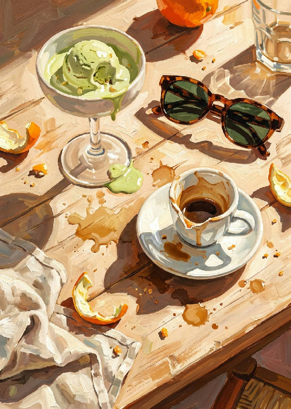Toppvy av ett stökigt italienskt cafébord med pistageglass, espressokopp, solglasögon och starkt solljus.