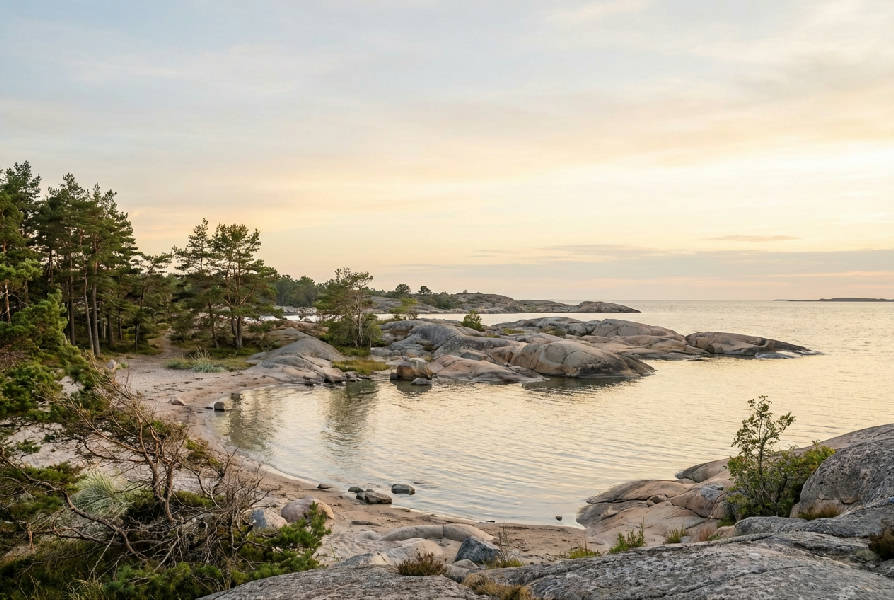 Fotorealistisk bild av en svensk strand med mjuk sand och lugnt vatten i krämiga färgtoner.