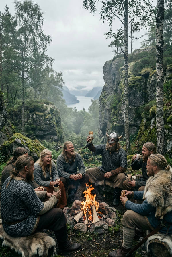 Fotorealistisk målning av fullt utrustade vikingar som står med sina vapen i ett frodigt svenskt landskap med klippor och grönskande träd. Molnig himmel i bakgrunden.