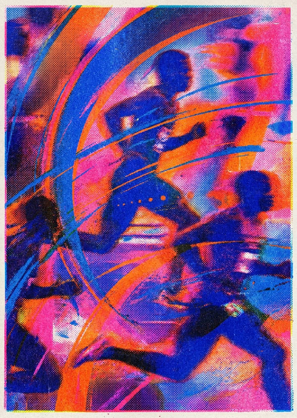 Risografkonst med abstrakta atletiska figurer i dynamisk rörelse. Koboltblått, neonorange, varmrosa fält, halvtonstexturer, kornig yta.