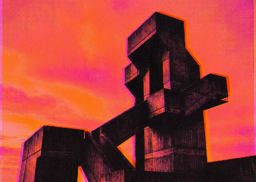 Brutalistiskt betongtorn risograf. Orange-magenta solnedgång. Geometriska vinklar, skuggor, rasterpunkter.