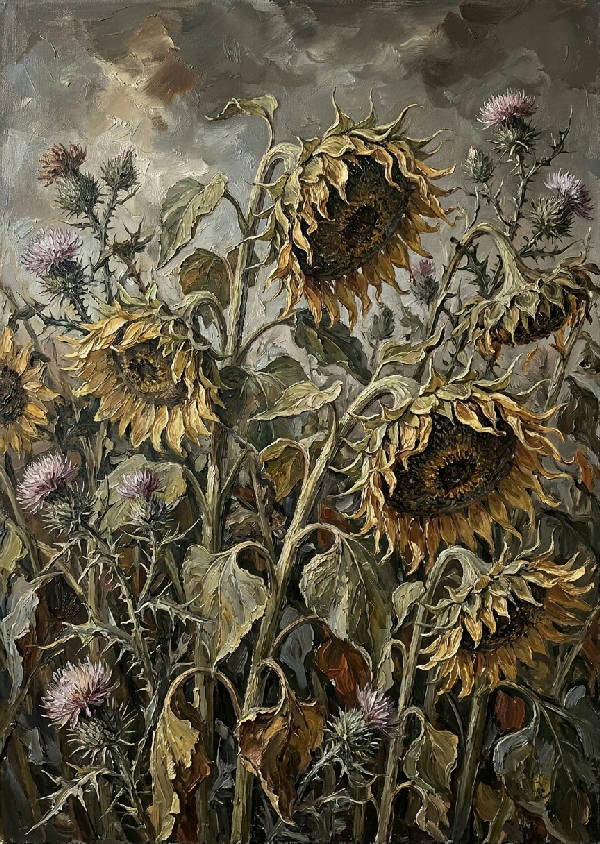Tjock impasto oljemålning av vissna stora solrosor och vilda tistlar i dämpade bruna och ockra nyanser.