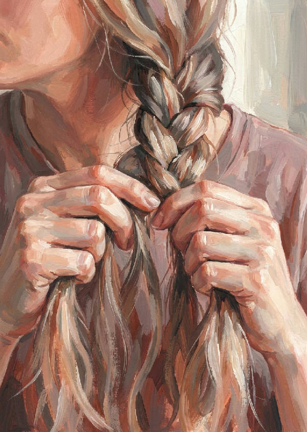Gouache målning: händer som flätar tjockt hår. Varma, dämpade persika, rost, grå, rosa toner, självsäkra penseldrag, intim hemma-ritual.