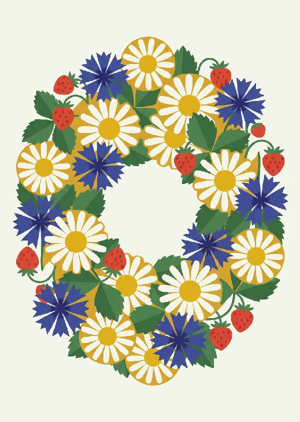 Platt vektorillustration av en midsommarblomsterkrans med stiliserade tusenskönor, blåklint och smultron i gult, blått, rött och grönt.