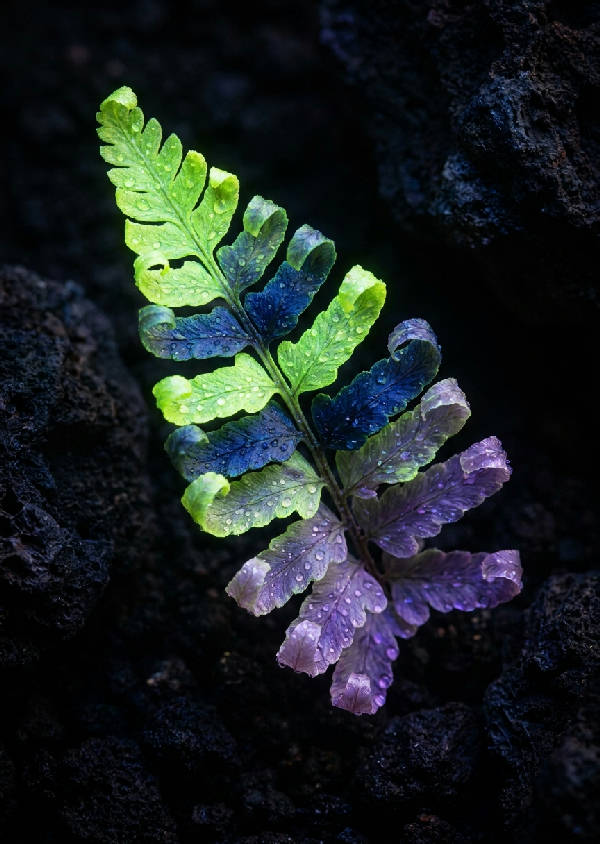 Makrofotografi av en bioluminescent ormbunke med glödande limegröna blad och daggdroppar som spirar ur mörk vulkanisk jord. Djupt indigoblå och genomskinlig ametistlila nyanser i bakgrunden.