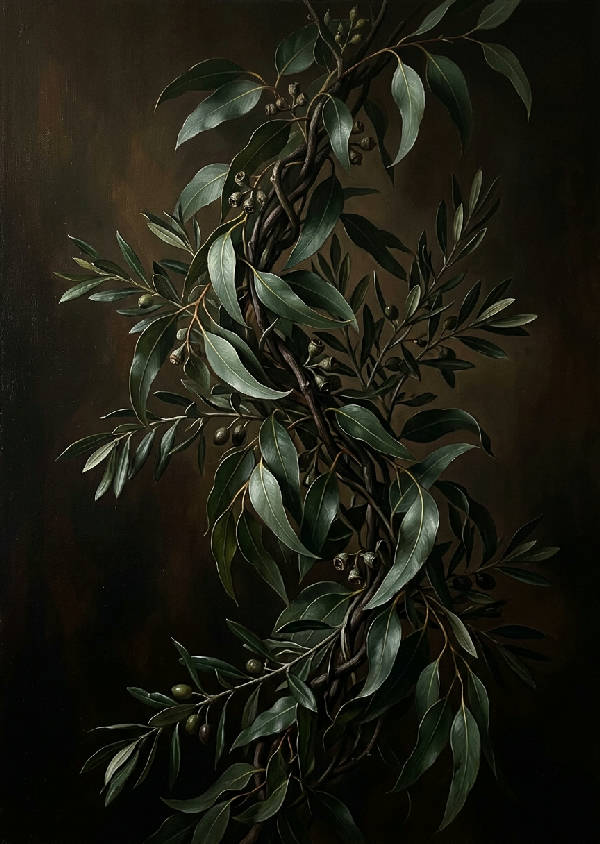 Detaljerad oljemålning i holländsk guldålder-stil med mörkgröna eukalyptus- och olivkvistar.