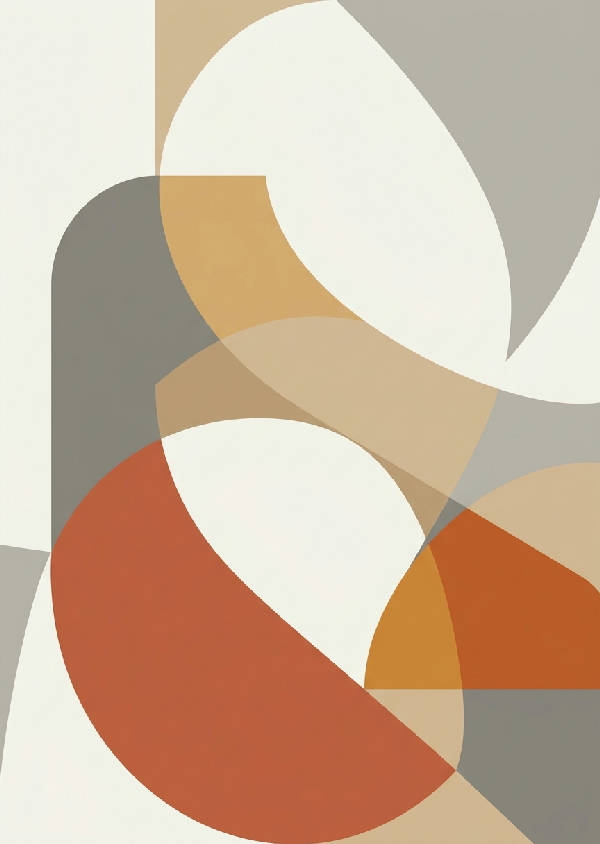 Abstrakta geometriska former i olika storlekar och nyanser av beige, terrakotta och brunt, arrangerade i ett balanserat mönster.