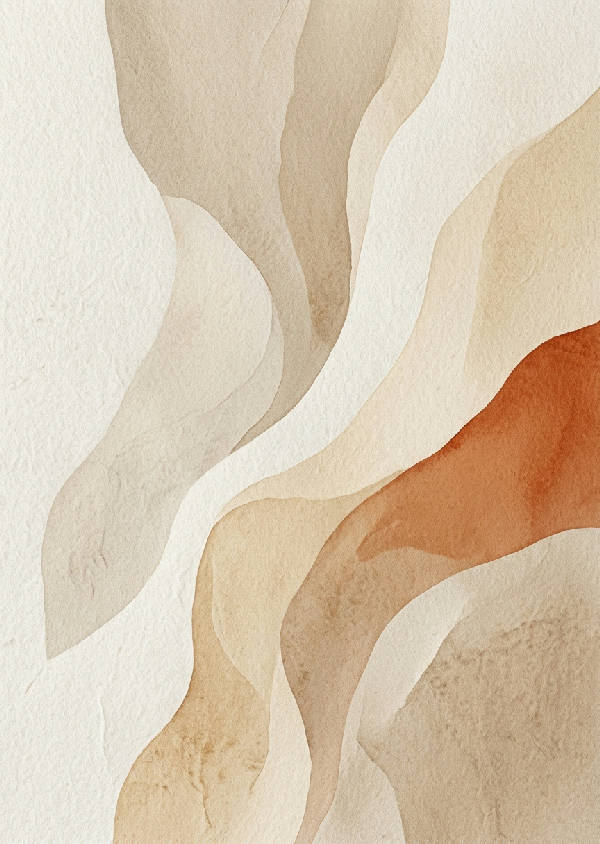 Minimalistisk abstrakt konst med mjuka, organiska former i matta beige, gräddvita och terrakotta nyanser, liknande naturliga sandstensformationer.