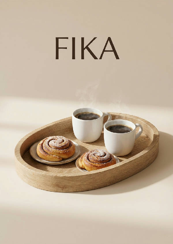 Minimalistisk poster som avbildar ordet FIKA ovanför en träbricka med två vita kaffekoppar och två kanelbullar mot en mjuk beige bakgrund. Subtila skuggor ger djup och värme.