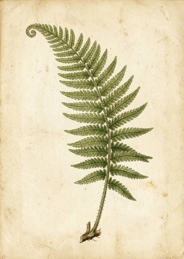 Detaljerad illustration av en vintage ormbunke med slingrande blad i gröna och bruna nyanser på en ljus bakgrund.