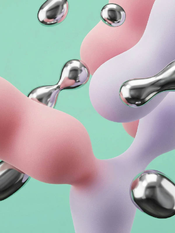 3D-renderad abstrakt digital konst med flytande, släta, flytande krommetalliska droppar sammanflätade med mjuka, matta kuddformade objekt i silver, rosa, lavendel och mintgrönt.