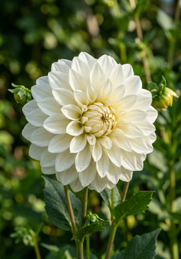 Närbild av en vit dahlia blomma med detaljerade kronblad och grönskande bladverk i bakgrunden