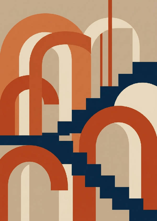 Närbild av geometriska valv och trappsteg i en terrakottafärgad byggnad med modern design