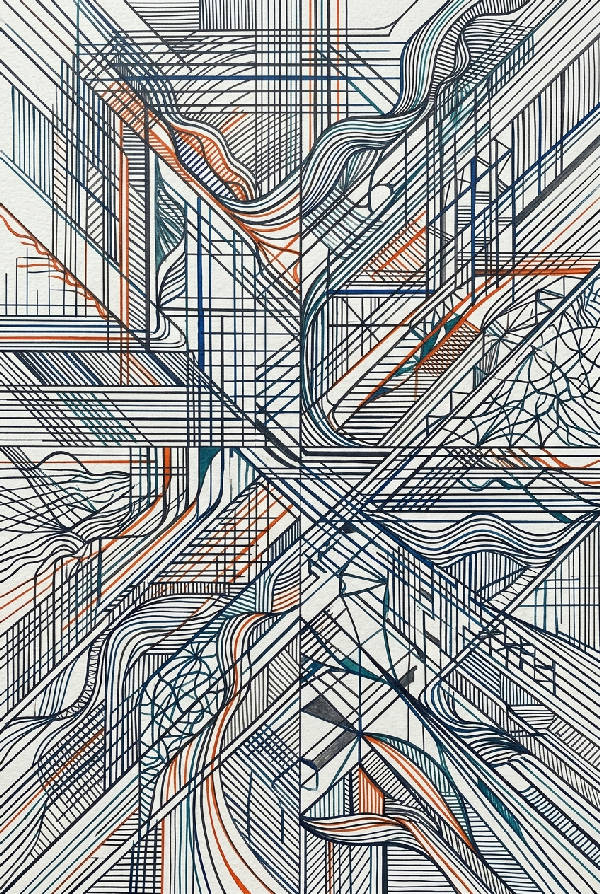 Närbild av tunna svarta linjer i ett geometriskt mönster på en ljus, vit bakgrund