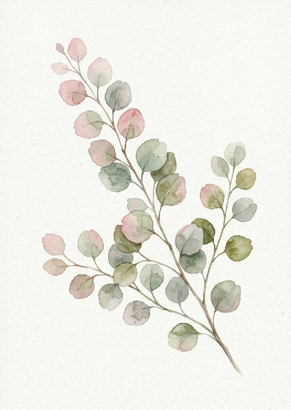 Närbild av en eukalyptuskvist med runda blad i dovt grågrönt och inslag av mjukt rosa.