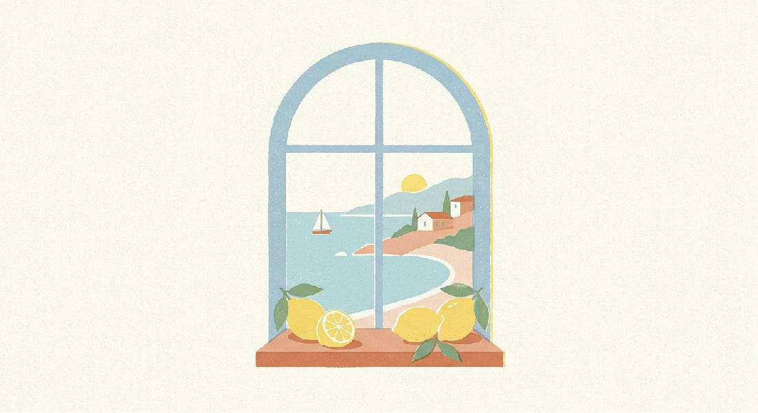 Retro litografi: valvfönster över Medelhavet, stiliserade citroner i förgrunden. Pastellblå, gul, terrakotta, off-white toner.