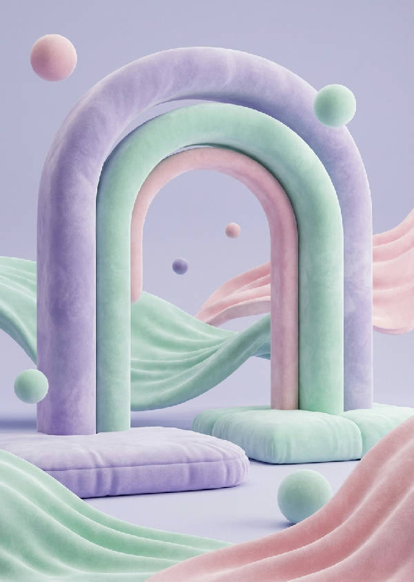 Surrealistisk 3D-renderad valvport i mjuk sammet. Pastellila, mintgrön, rosa. Lugnt drömlandskap, diffus belysning.