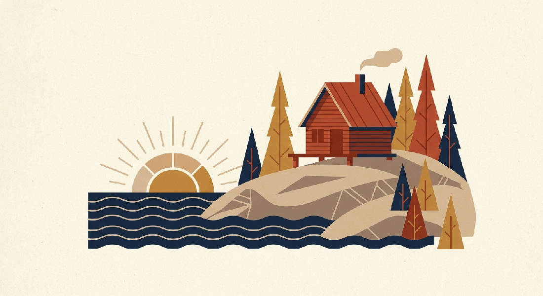 Mid-century modern illustration av en röd trästuga på granitklippa i skärgården med tallar och soluppgång