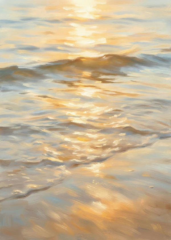 Närbild, mjukt fokus porträtt av gyllene timmens ljus som reflekteras på svagt krusande grunt havsvatten nära en sandstrand på den svenska kusten. Varma guld-, mjuka orange- och blekblå nyanser i impressionistisk stil.