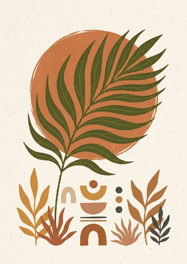 Abstrakt illustration med stora palmblad i grönt och beige mot en orange terrakottasol i vertikalt format.