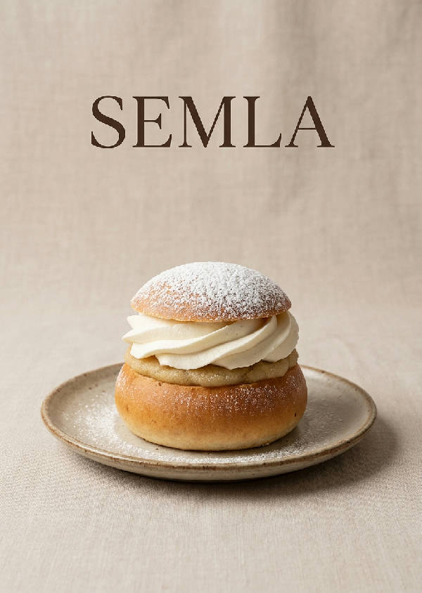 Hyperrealistisk, minimalistisk poster av en semla med texten 'SEMLA' ovanför, på en matt beige bakgrund med diskreta skuggor