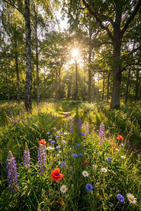 Förstapersonsvy av en solbelyst svensk sommaräng med trädens lövverk i förgrunden.