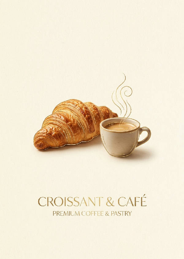Minimalistisk illustration i linjekonst av en gyllene croissant och en liten rykande kaffekopp mot en varm krämvit bakgrund.
