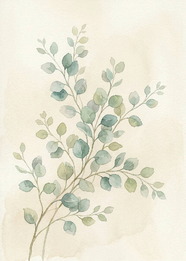 Närbild av en eukalyptusgren med runda blad, målad med mjuka akvarellnyanser av grönt och grått på vit bakgrund.