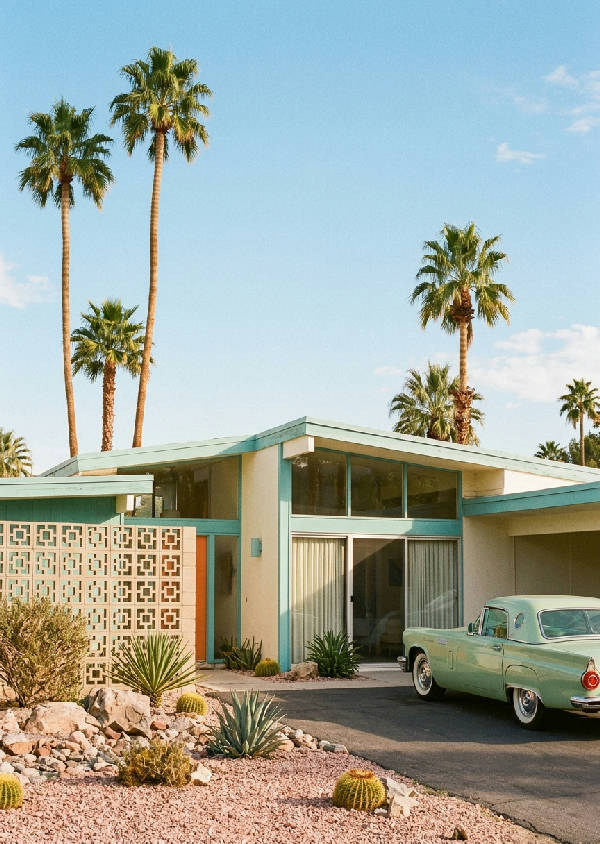 Vintage fotografi av Palm Springs med palmer, berg och en klarblå himmel i orangea toner