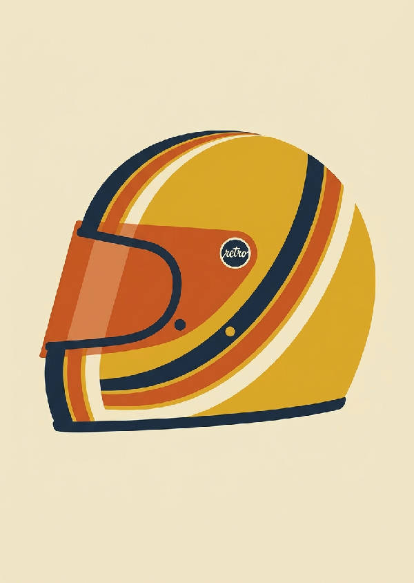Platt vektorgrafik illustration av en vintage motorcykelhjälm med racingränder i gult, blått och orange.
