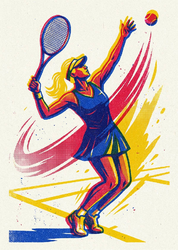 Dynamisk risograf-tryck av kvinnlig tennisspelare i serveslag. Kornig textur med primära färger: koboltblått, körsbärsrött, senapsgult.