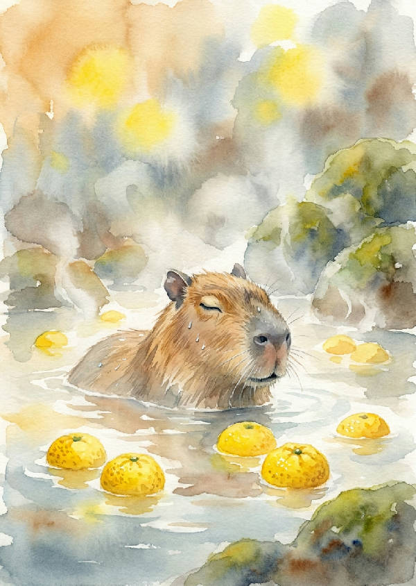 Akvarellmålning av en avslappnad brun capybara i en varm källa med flytande gula yuzufrukter på vattenytan.