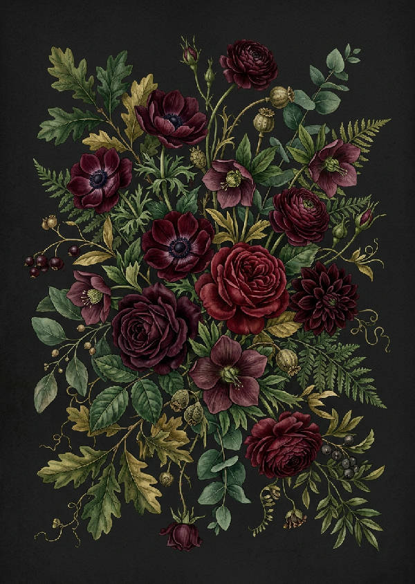 Närbild av en vintage botanisk illustration med mörka, djupröda och lila blommor mot en dov bakgrund.