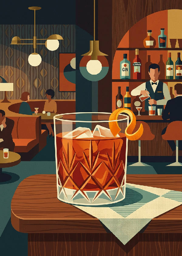 Retro-illustration av en Negroni-cocktail i ett klassiskt glas med is och apelsinskiva på varm orange bakgrund.