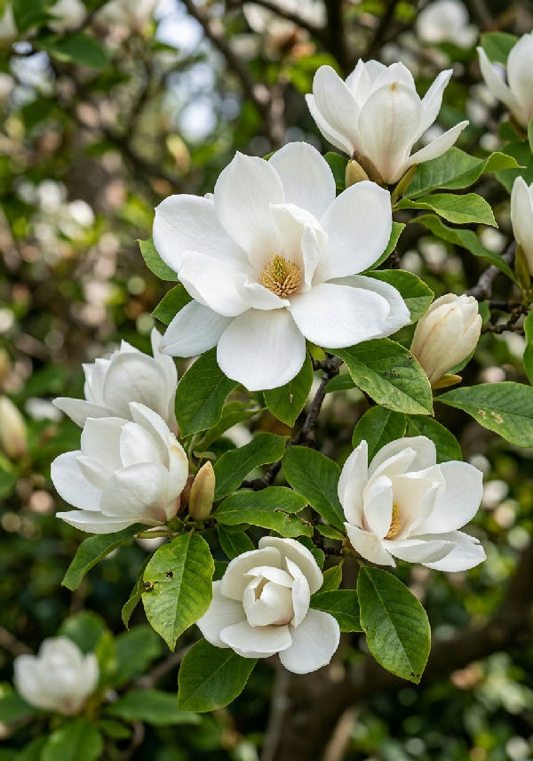 Närbild av utsökta vita magnoliablommor mot en mjukt suddig bakgrund, elegant botanisk fotografering.