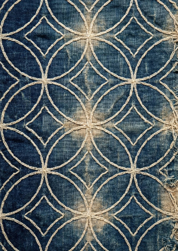Makrobild av vintagetyg med indigofärgning och komplexa, geometriska sashiko-stygn i cirkulära och diamantmönster