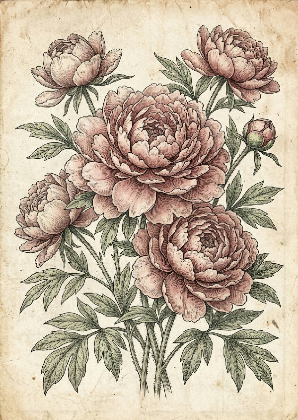 Detaljerad vintage illustration av en bukett med puderrosa pioner och gröna blad mot en ljus bakgrund. Porträttformat.