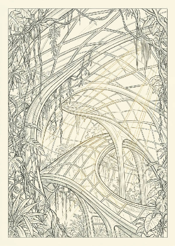 Detaljerad arkitektonisk linjekonstillustration av ett futuristiskt växthus i glas med frodig grönska mot en ljus bakgrund.