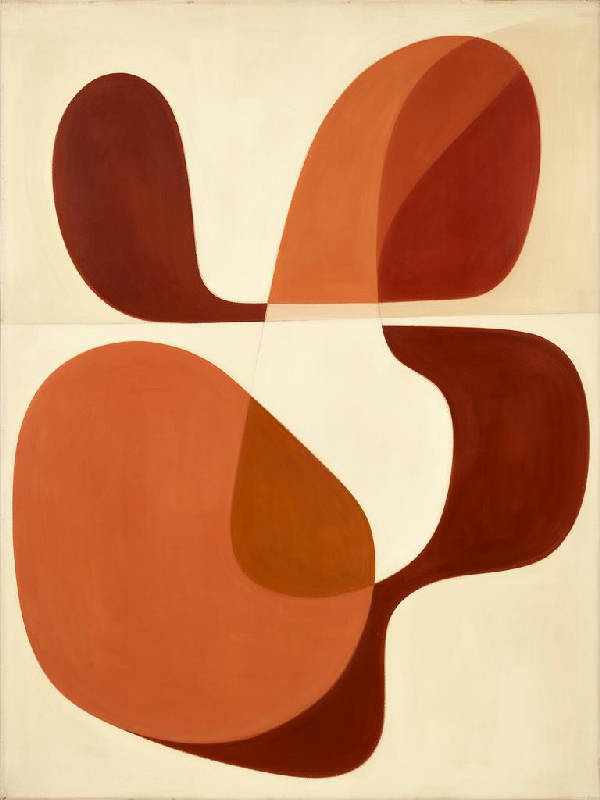 Abstrakt geometrisk komposition i porträttformat med terrakotta, orange och brända sienna-fält.