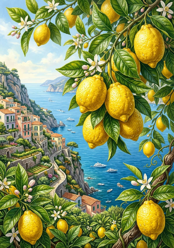 Närbild av livfulla, handritade Amalfi-citroner med gröna blad på en ljus bakgrund i porträttformat.
