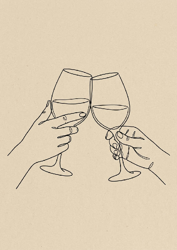 En minimalistisk svartvit line art bild av två händer som håller upp varsitt vinglas i en skål.