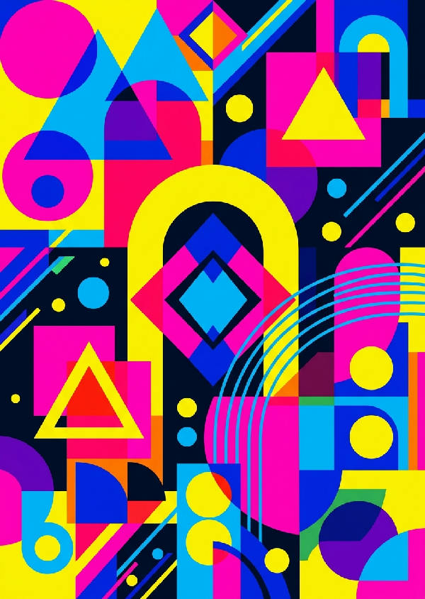 Abstrakt konstverk med geometriska former i nyanser av neonrosa och lysande gult, skapar ett dynamiskt och modernt uttryck.