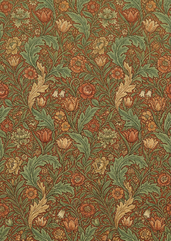 Detaljerat William Morris-mönster med intrikata blommor och blad i salviagrön och terrakotta. Repeterande vintage blommönster på en affisch i stående format.