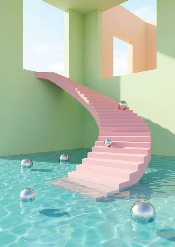 En surrealistisk 3D-rendering av en pastellrosa trappa som leder ner i en klar turkos pool med flytande kromsfärer i spritt ljus.