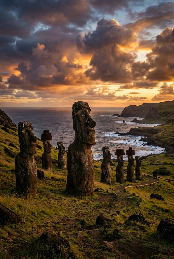 Tre massiva sten-Moai-statyer på Påskön står mot en stormig, molnig himmel med dramatiskt ljus över havet